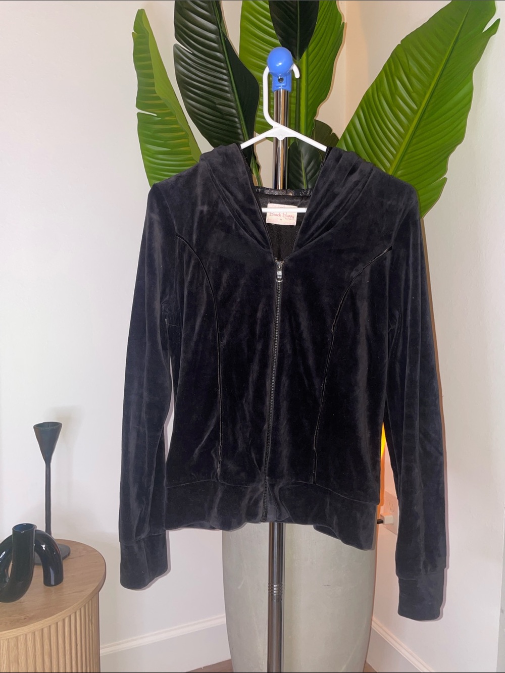 Beach Bunny Black Velvet Hooded Zip Bomber Jacket